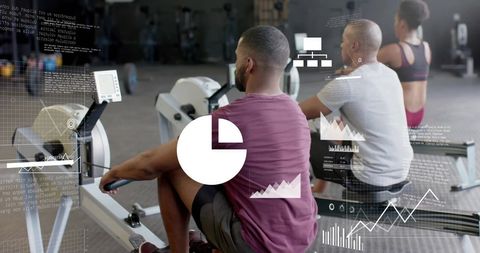 Diverse group using rowing machines with financial analytics overlay