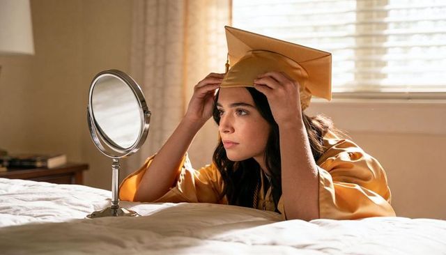 Teenage graduate adjusting gold cap and gown while checking mirror in sunlit bedroom