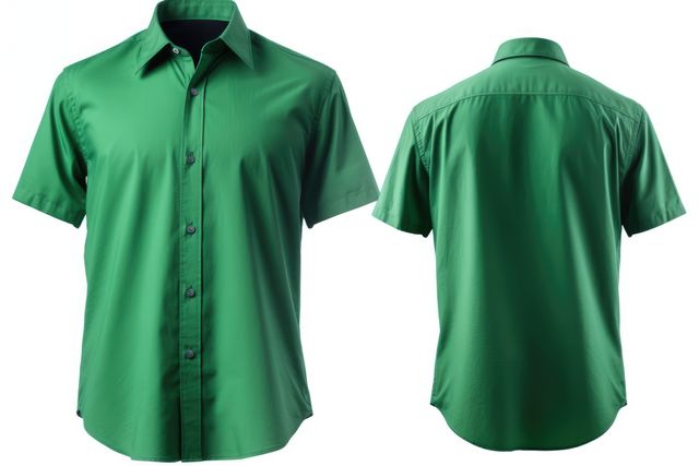This image features a green short-sleeve collared shirt shown from front and back view. Ideal for e-commerce sites, online clothing stores, or fashion catalogs. Great for showcasing men's casual fashion items, highlighting the shirt's design and style features.