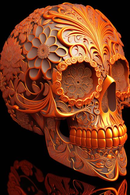 Orange mexican decorative sugar skull on black background, using generative ai technology. Skull, mexico and traditional concept.