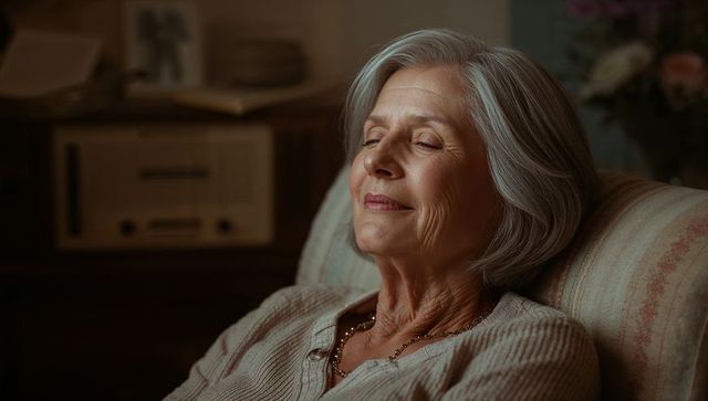 Senior woman relaxing in armchair embracing cozy nostalgia and quiet contentment
