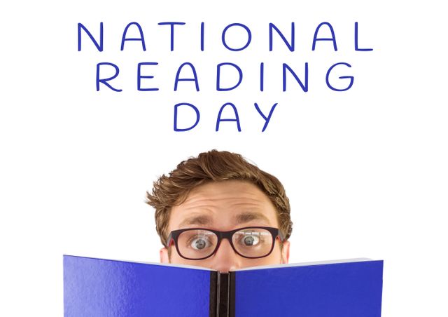 Composition of national reading day text over caucasian man holding book on white backgorund. National reading day and celebration concept digitally generated image.