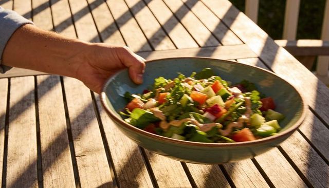 Placing large ceramic bowl of fresh garden salad on sunlit wooden patio table