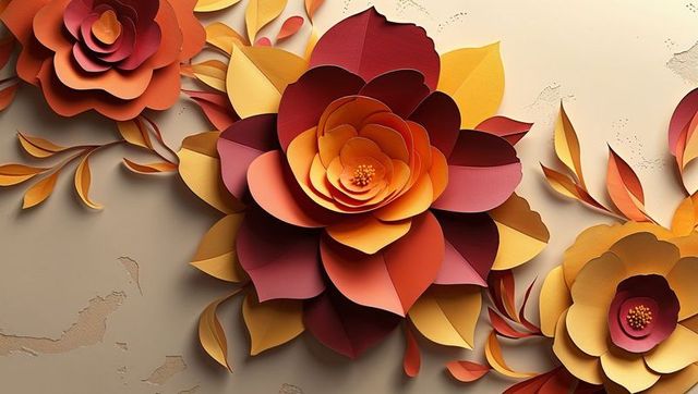 Abstract paper flower art on textured beige background