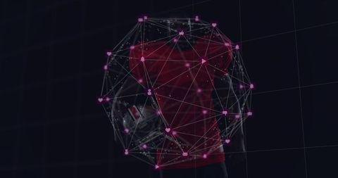 Football player holding helmet with neon network overlay visualizing sports data analytics