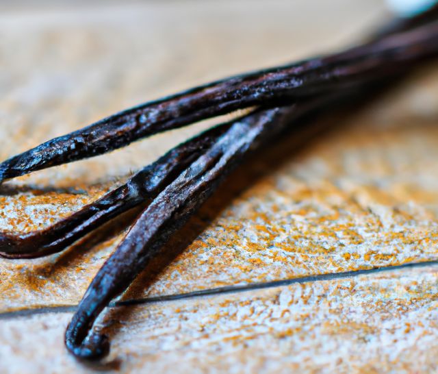 Close up of vanilla pods on wooden table created using generative ai technology. Seasoning and flavour concept, digitally generated image.