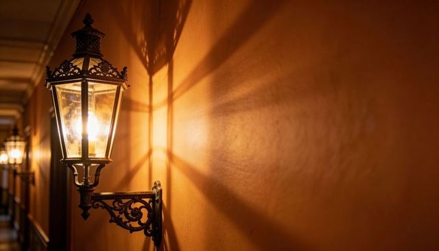 Ornate vintage wall lantern casting warm glow and decorative shadows on terracotta corridor