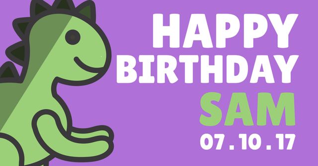 Ideal for creating cheerful, fun invitations for kids' birthday parties. Features a friendly green dinosaur and customizable text on a purple background. Perfect for parents looking to add a personal touch to their child's celebration. This design is engaging and festive, ensuring the invitee's excitement.