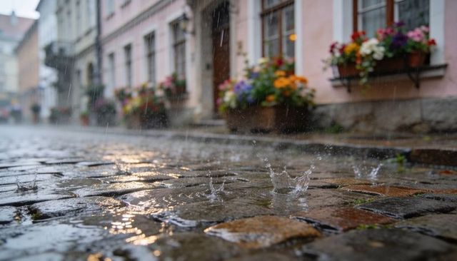 Rainy cobblestone street with splashing droplets and flower-filled pastel facades