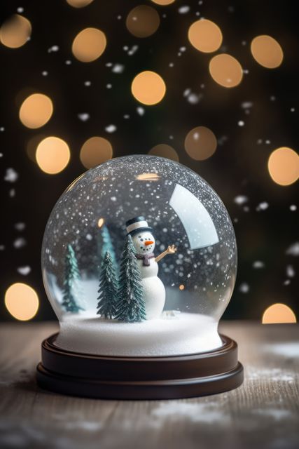Snowman in a snow globe surrounded by falling snow and warm bokeh lights, creating a festive and magical holiday atmosphere. Ideal for holiday greeting cards, seasonal marketing, Christmas decorations, winter-themed advertisements, or social media posts celebrating the festive season.