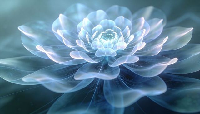 Glowing translucent fractal flower drifting in teal cosmos with luminous petal filaments