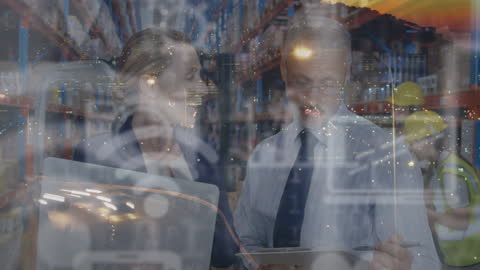 Warehouse Workers Discussing Amidst Digital Tech Overlay