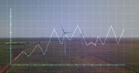 Wind Turbines Over Agricultural Fields with Data Visualization Overlay