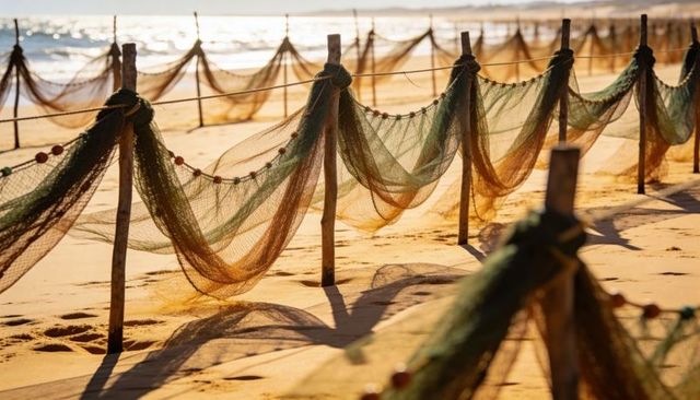 Golden fishing nets draped along sunlit beach casting long textured shadows