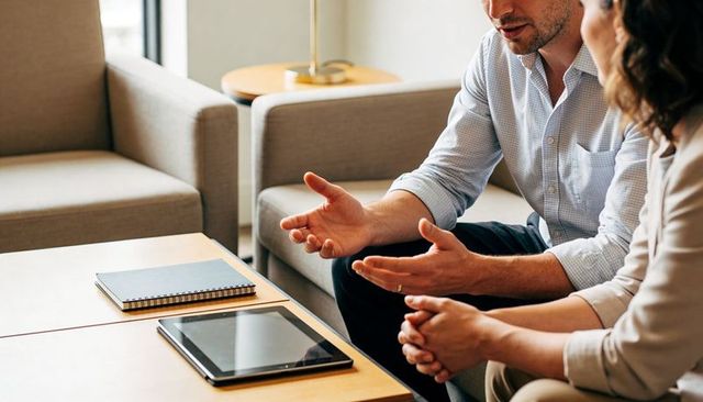 Business colleagues discussing strategy over tablet in modern office lounge