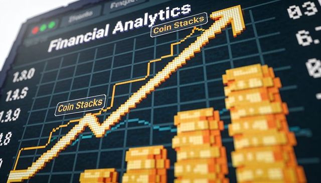 Pixel-art financial analytics dashboard showing upward arrow and coin stacks retro neon