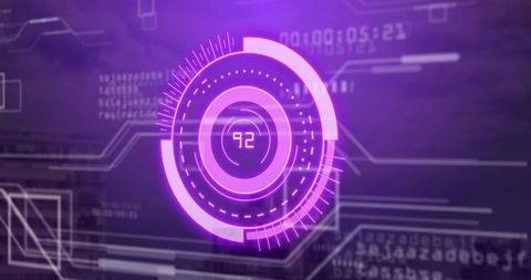 Pulsing holographic HUD interface with numeric readout 92 and circular progress arc