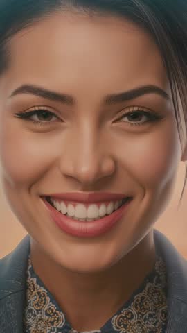 Vertical studio video of smiling professional woman holding eye contact in blazer