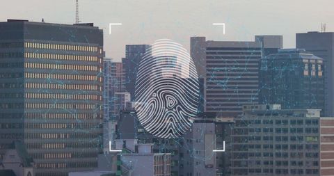 digital fingerprint overlay on urban skyline - Download Free Stock Images Pikwizard.com