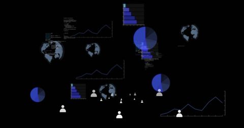 Digital representation of global data processing incorporating elements like globes, charts, and analytics against dark background creates a futuristic ambiance, ideal for highlighting concepts in global technology, cybersecurity, data analysis, machine learning, and digital communications.