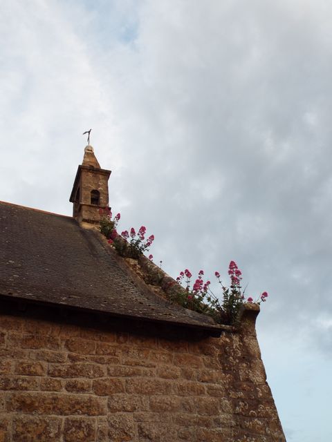 Old stone building with a quaint bell tower, showcasing vintage charm with flowers growing along the roofline. Captivating mix of history and nature makes it suitable for travel brochures, architectural studies, or background images for creative projects.