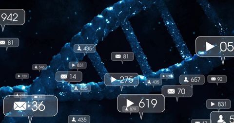 Blue dna helix with holographic metrics and floating data bubbles for genomics