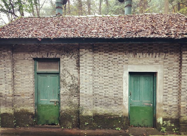Weathered Brick Building with Green Wooden Doors in Nature - Download Free Stock Photos Pikwizard.com
