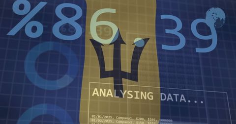 Barbados flag with financial analytic overlay in digital theme