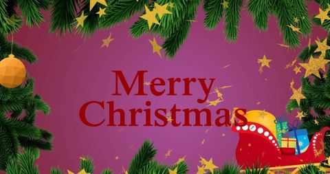 Festive Christmas Greeting with Pine Branches and Sleigh with Gifts