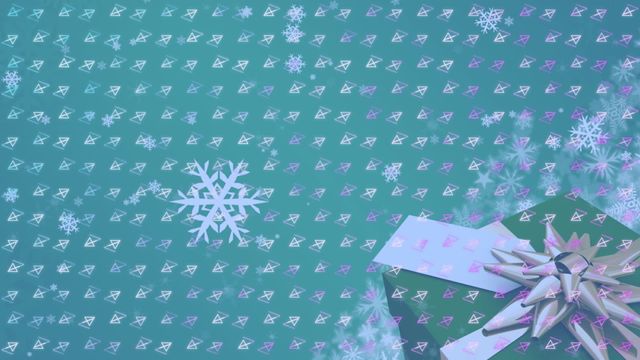 Illustration depicting a festive Christmas scene with snowflakes. Abstract pattern with snow everywhere, and present on side. Suitable for holiday cards, seasonal promotional material, and festive decorations.