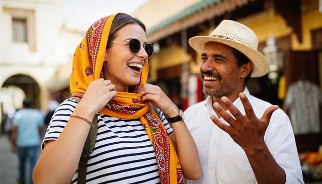 Smiling female tourist trying vibrant yellow headscarf while local guide chats in bazaar