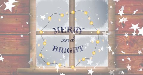 Merry and Bright Text with Stars and Fairy Lights in Christmas Theme