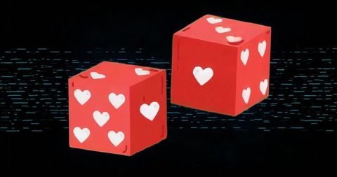 Floating Red Heart Dice Hovering in Glitchy Digital Space Futuristic Abstract Love Concept