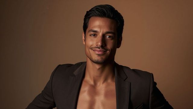 Smiling handsome male model posing in open blazer revealing bare chest studio headshot
