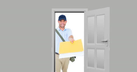 Smiling Mail Carrier Delivering Letters Through Open Doorway