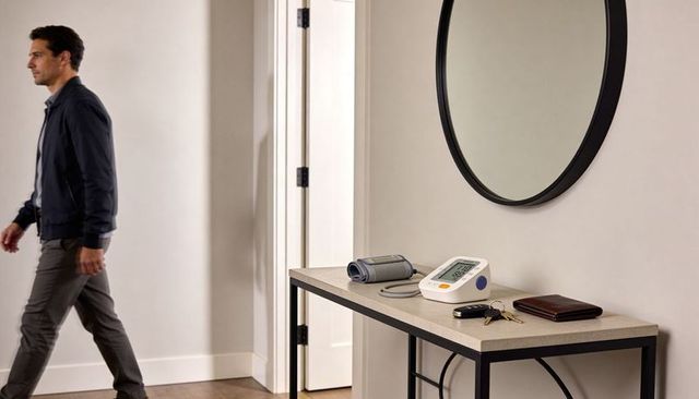 Man walking past modern entryway console with blood pressure monitor, keys and wallet
