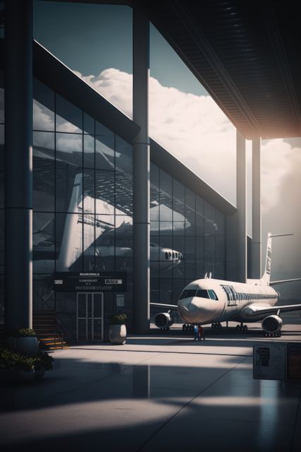 Modern airport building and plane created using generative ai technology. Airport, transport and travel concept digitally generated image.