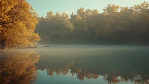 Autumn Serenity at Misty Lake with Sunlit Yellow Foliage