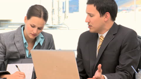 Professional Coworkers Collaborating on Laptop in Office Environment