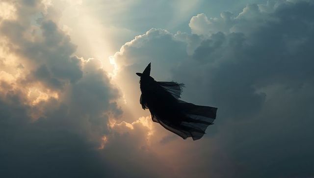 Silhouette of witch flying among illuminated clouds