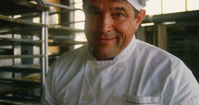 Experienced Baker in Commercial Kitchen Smiling at Camera - Download Free Stock Images Pikwizard.com