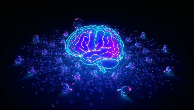 Hovering Neon Holographic Brain Emitting Cyan Magenta Light Above Glossy Floor with Glass Orbs