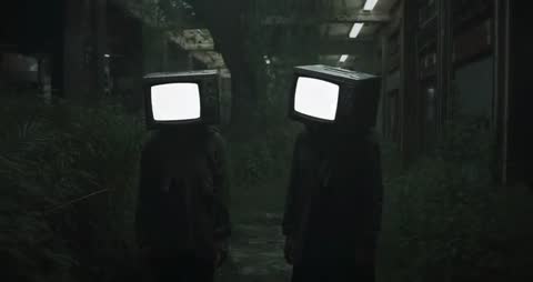 Surreal Dystopian Figures with CRT TV Heads in Abandoned Corridor