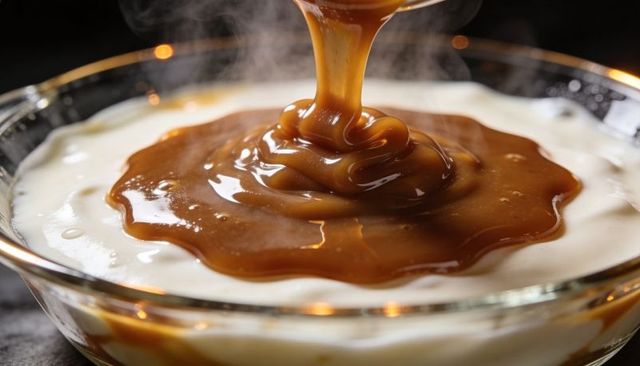 Pouring caramel sauce over creamy custard closeup with steam wisps and glossy swirls