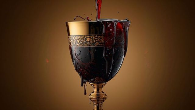Pouring Ornate Gold-Rimmed Goblet Overflowing with Dark Red Liquid Luxury Chalice Opulent