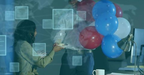 Colleagues Celebrating Office Milestone Sharing Cupcake with Candle and Balloons, World Map Overlay