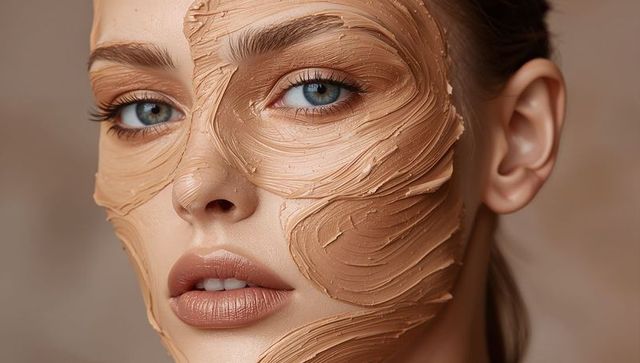 Closeup female face wearing beige clay mask with sculpted brush texture and blue-gray eyes