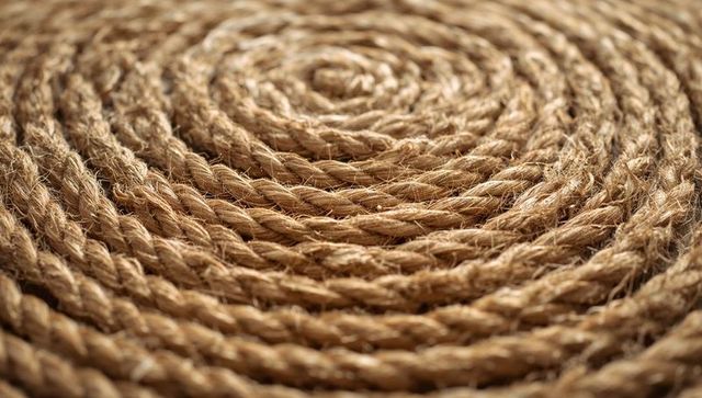 Coiled jute rope mat forming concentric spiral texture close-up for natural background