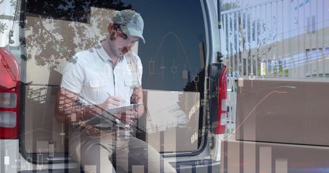 Courier Reviewing Deliveries with Financial Data Overlay