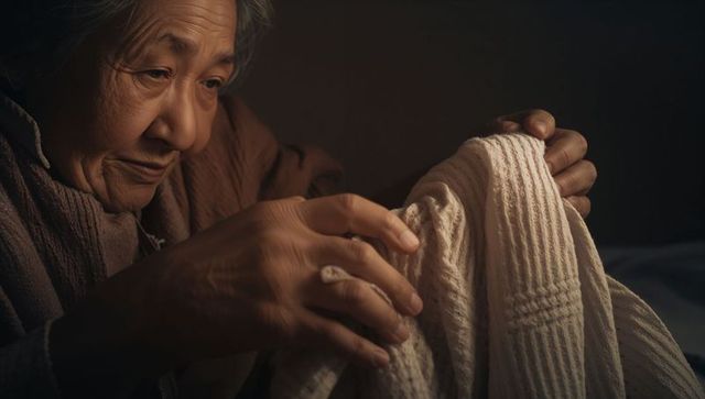 Senior asian woman examining cream knit blanket, holding textured cardigan under warm lamp